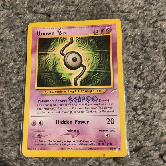 pokemon unown card [M] (49/75) [Neo Discovery]  Plug Psychic Hidden Power (10) Weakness Psychic 2 Resistance None None Retreat Cost Unown (91) (91) 091/214 SM